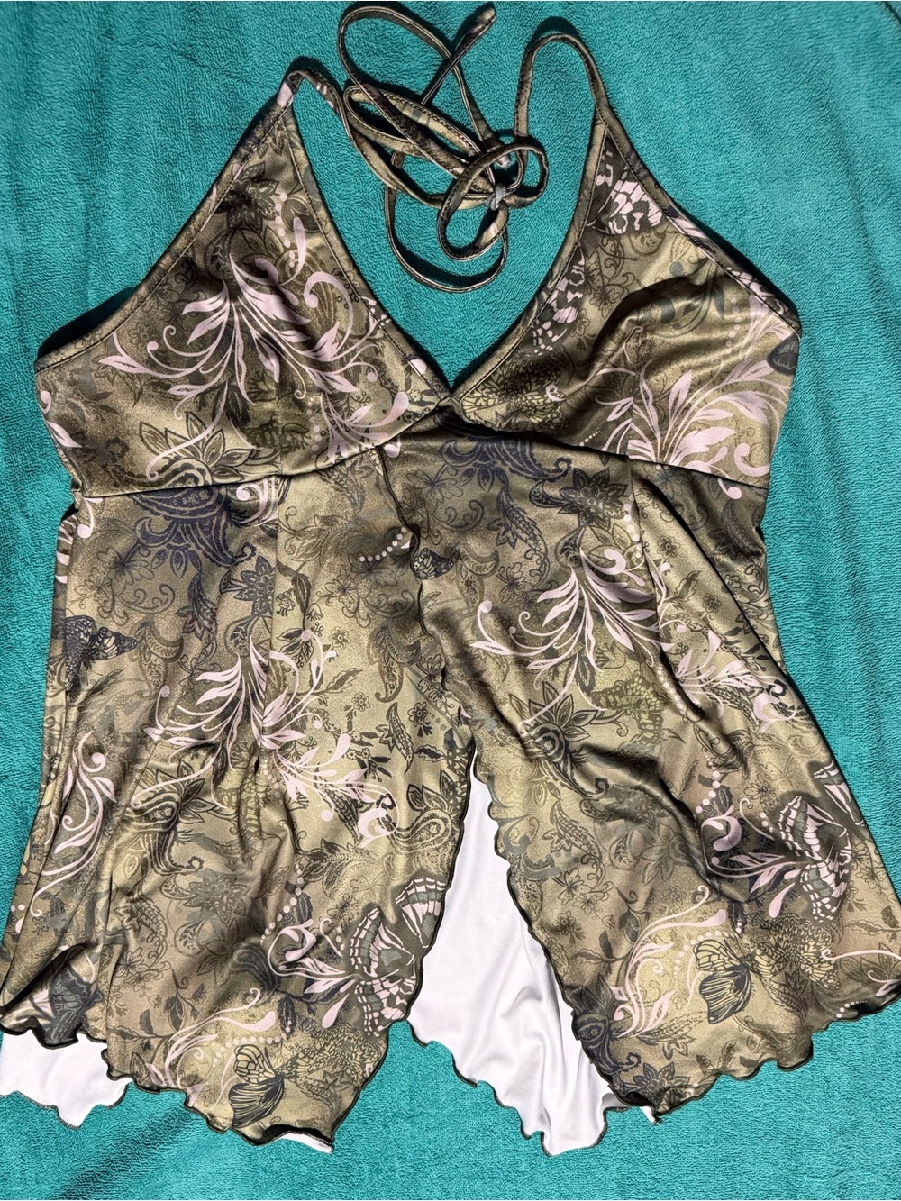 SHEIN Olive Green Paisley Halter Tank Top with Pink Accents